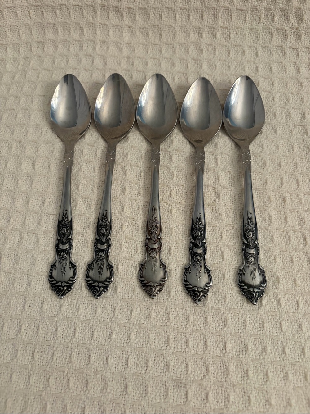 Vintage National Stainless Rose & Leaf Pattern Teaspoons Set of 5 Japan